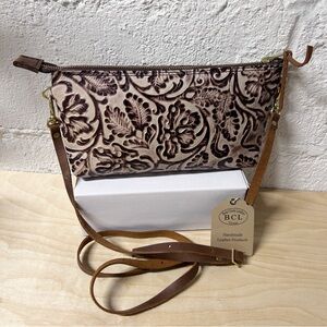 Bear Creek Leather Crossbody Bag with an Embossed Floral Design, Handmade, Brown